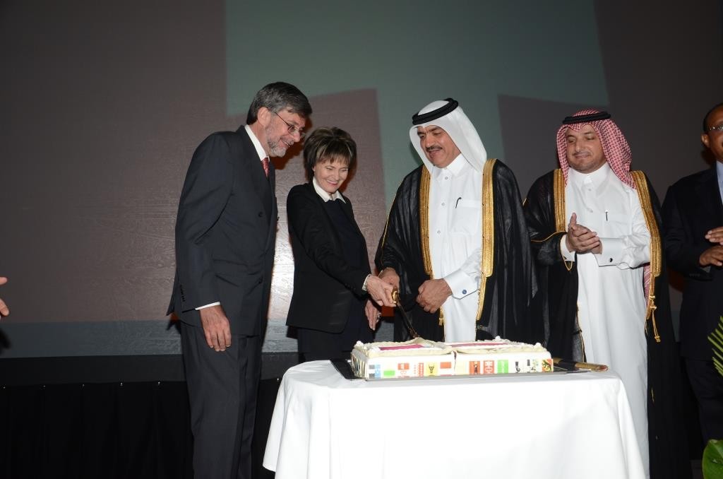 HE Ambassador Etienne Thévoz, Former President of the Swiss Confederation Mrs. Calmy-Rey, Minister of Municipality and Environment Mohamed bin Abdullah al-Rumaihi and Ministry of Foreign Affairs Protocol Department Director Ibrahim Yousuf Fakhro